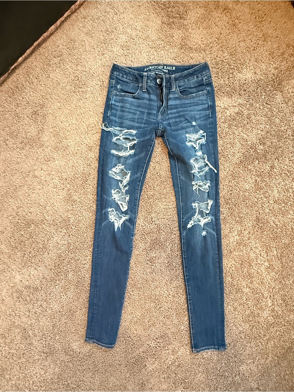 AE Women's Distressed X-LONG Skinny Jeans - Dark Blue